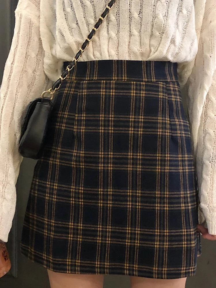 Dark Academia Retro Plaid Mini Skirt - High Waist A-Line