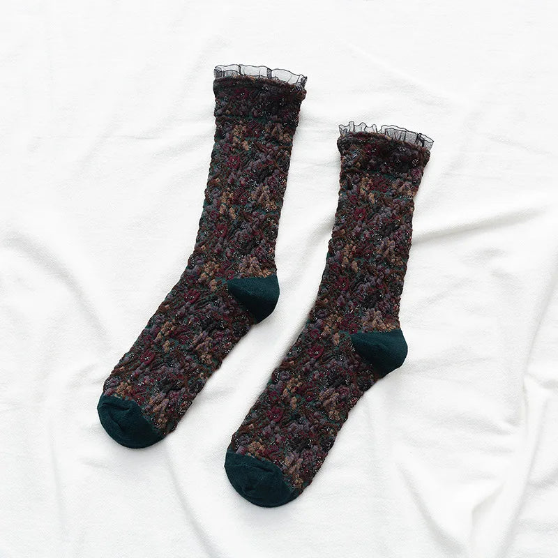 Dark Academia Ethnic Lacework Ruffle Crew Socks