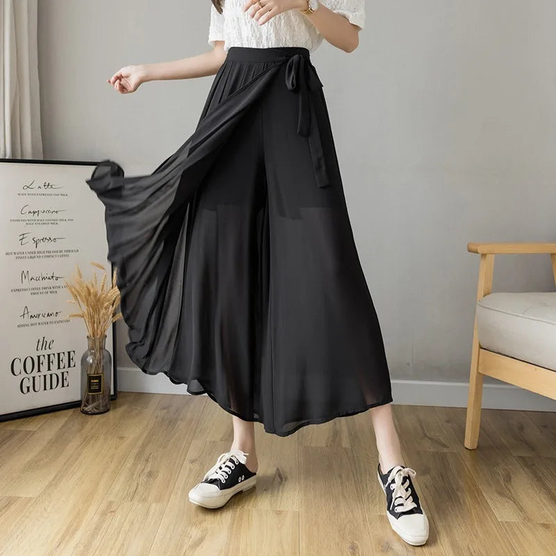 Dark Academia Pleated Wide Leg Pants - High Waist Chiffon