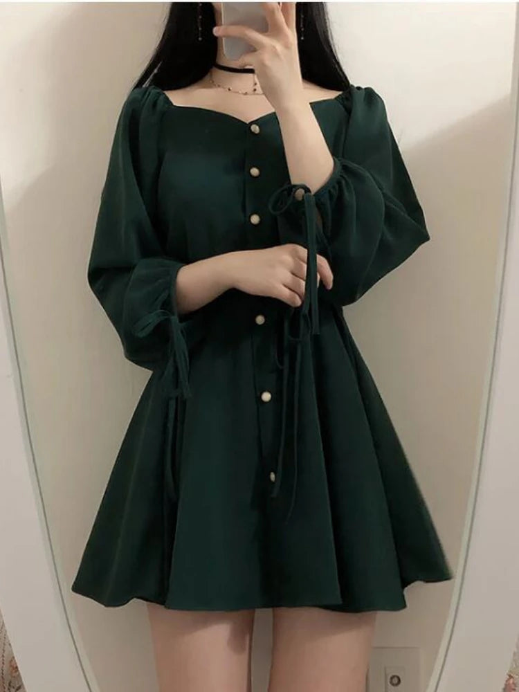Dark Academia A-Line Mini Dress - Button Vintage