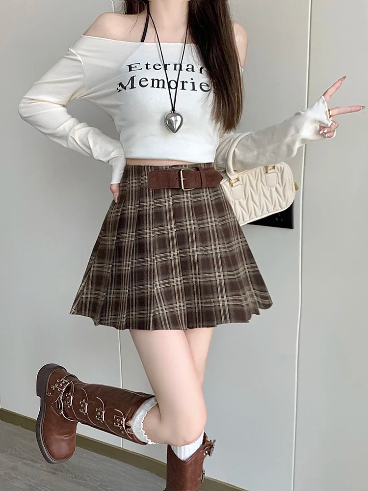 Dark Academia Coffee Plaid Wool Mini Skirt - High Waist