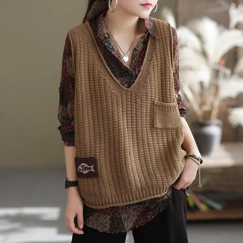 Dark Academia Solid Color Vest - V-Neck Casual