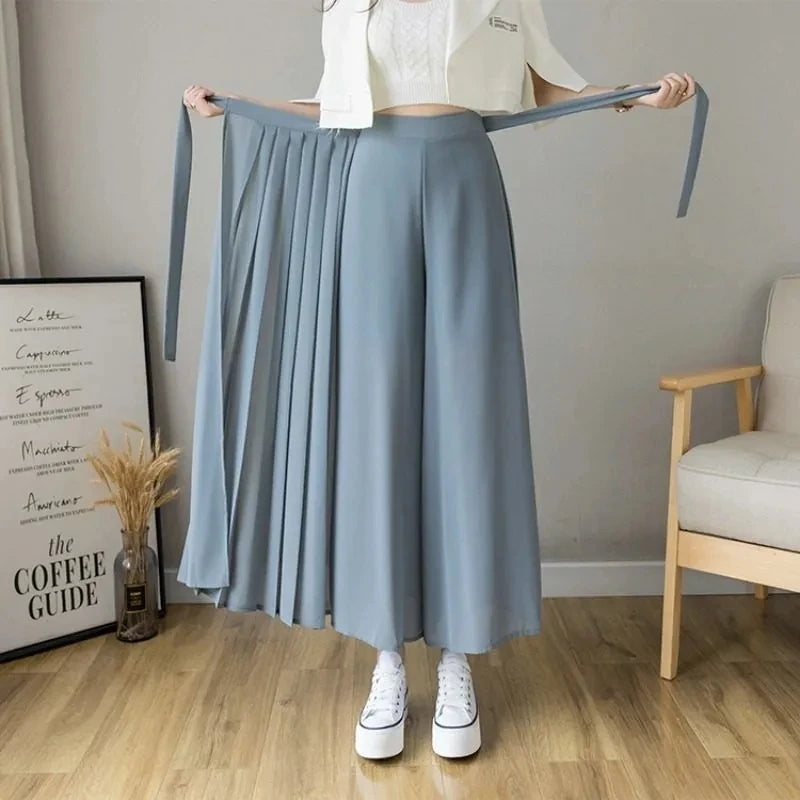 Dark Academia Pleated Wide Leg Pants - High Waist Chiffon