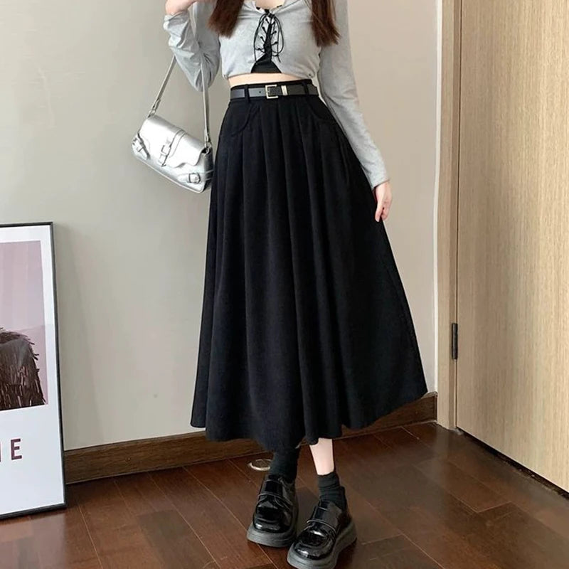 Dark Academia Corduroy Pleated Skirt - High Waist Midi