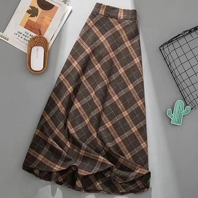 Dark Academia Plaid Woolen Skirt - High Waist A-Line Pleated