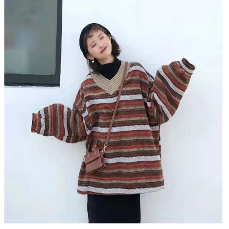 Dark Academia Vintage Striped Sweater - Oversize