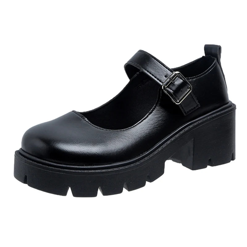 Dark Academia Buckle Platform Pumps - Black Thick