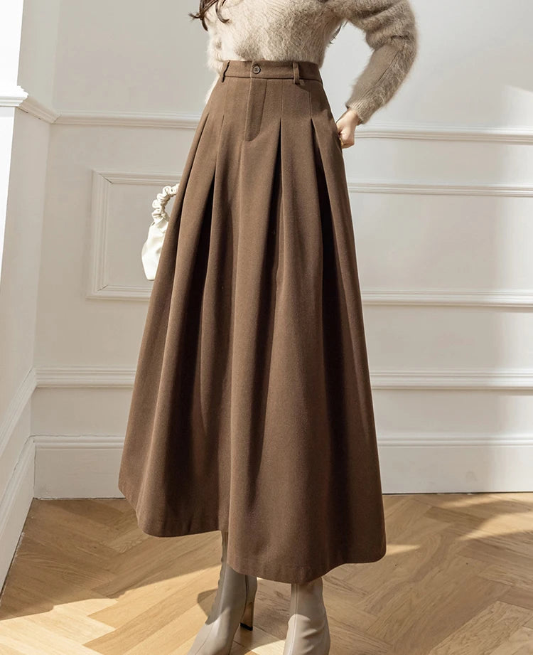 Dark Academia Woolen Midi Skirt - High Waist Office Style