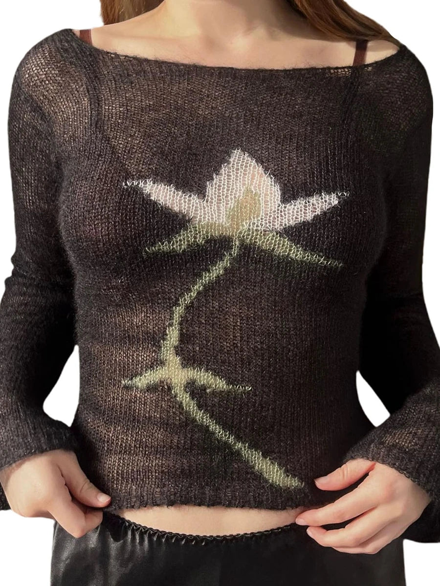 Dark Academia Y2K Flower Sweater - Vintage Print