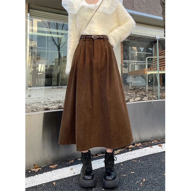 Dark Academia Corduroy Midi Skirt - High Waist Belt Style