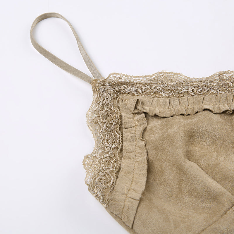 Dark Academia V-Neck Suede Top - Frill Lace Trim
