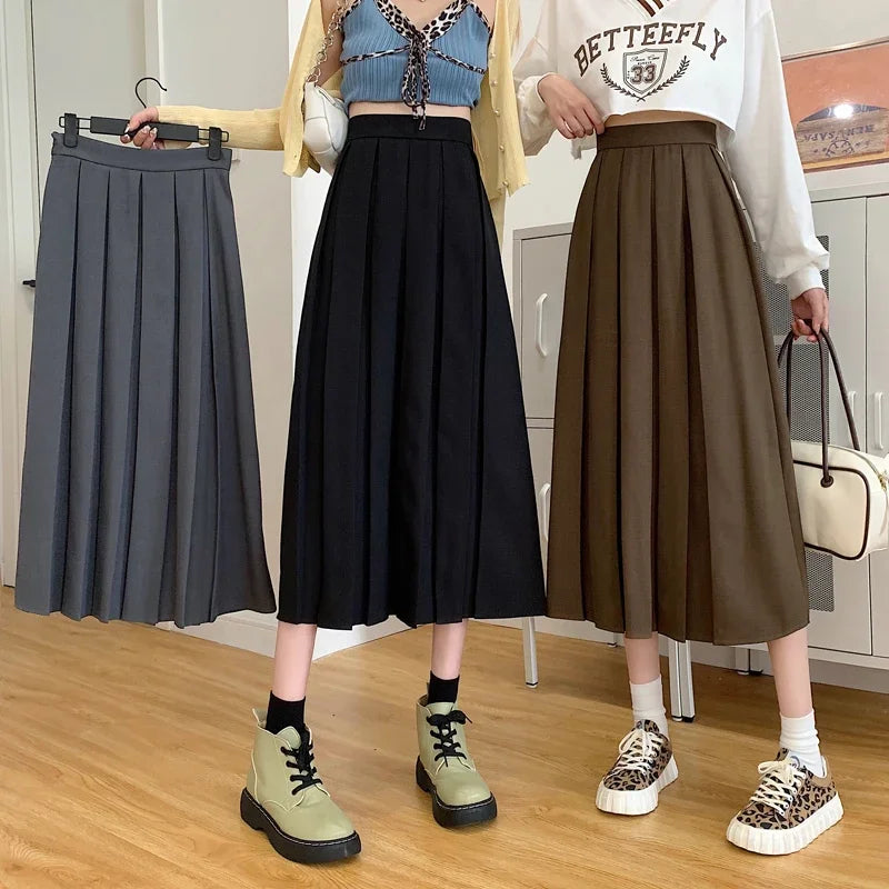 Dark Academia Pleated Midi Skirt - High Waist A-Line Style