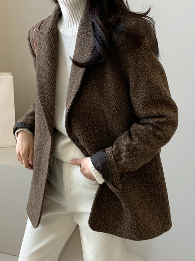 Dark Academia Black Tweed Coat - Woolen Thick