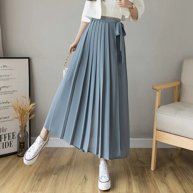 Dark Academia Pleated Wide Leg Pants - High Waist Chiffon