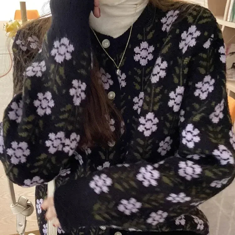 Dark Academia Floral O-Neck Cardigan - Sweet Retro