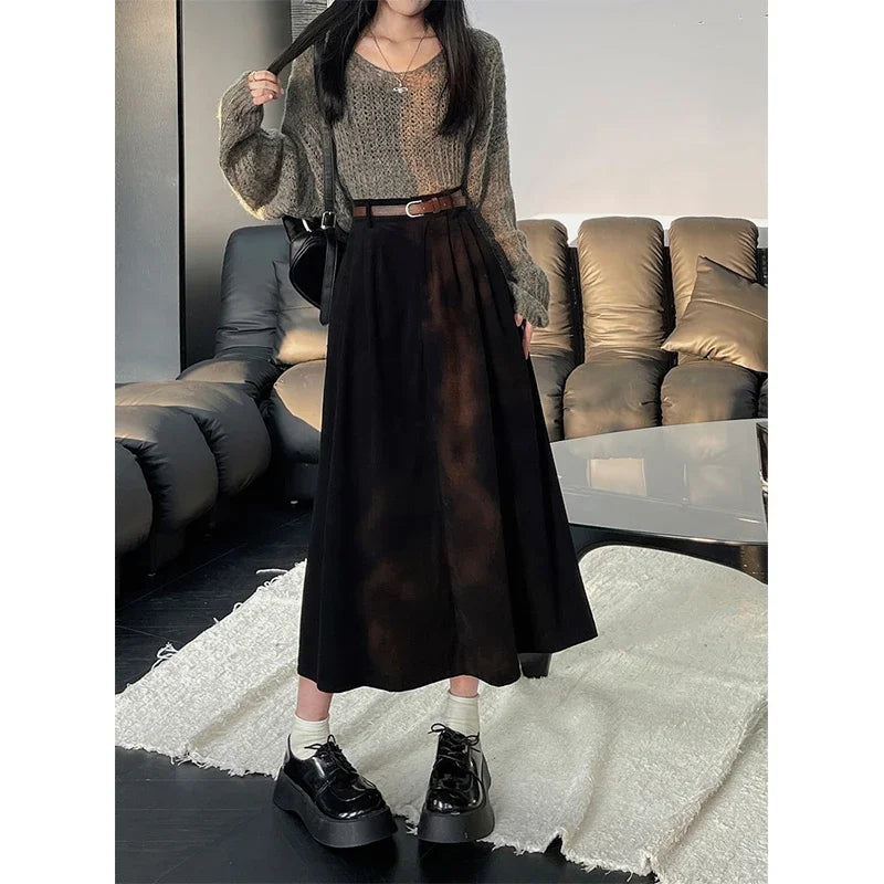 Dark Academia Corduroy Midi Skirt - High Waist Belt Style