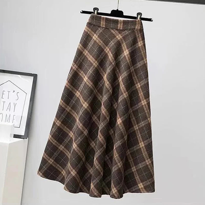 Dark Academia Plaid Woolen Skirt - High Waist A-Line Pleated