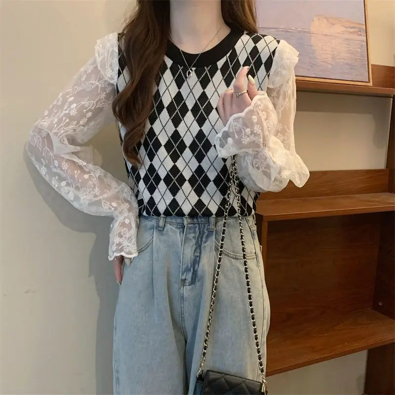 Dark Academia Diamond Grid Vest - Two-Piece Style