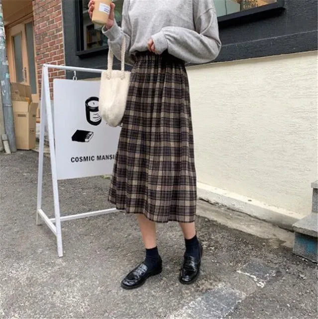 Dark Academia Wool Plaid Pleated Skirt - High Waist Long