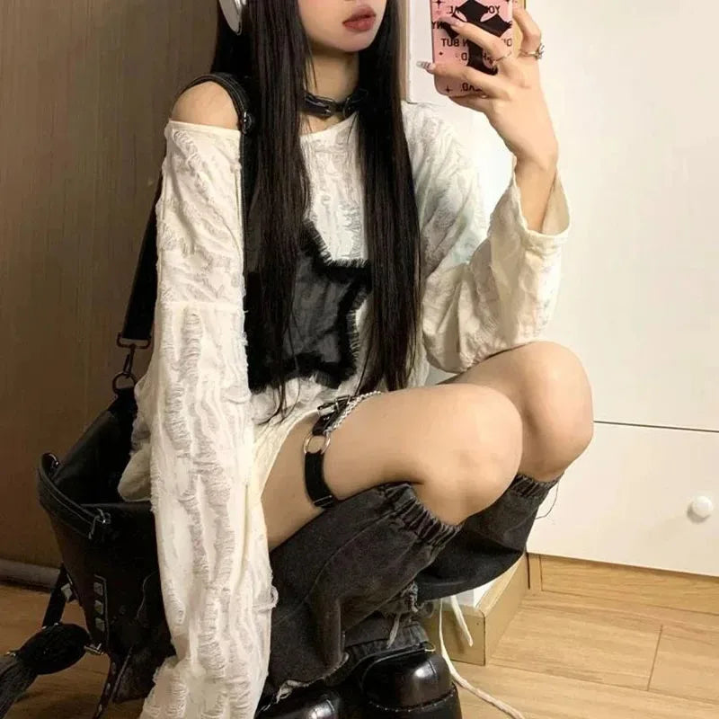 Dark Academia Y2K Star Print Sweater - Off Shoulder