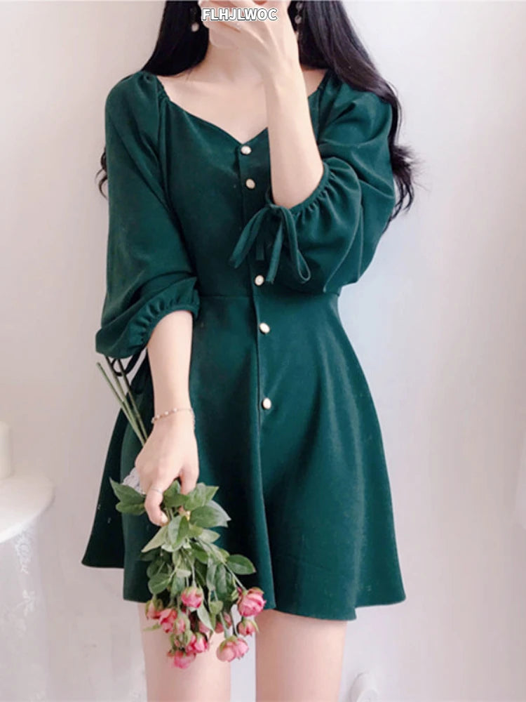 Dark Academia A-Line Mini Dress - Button Vintage