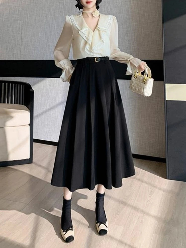 Dark Academia A-Line Umbrella Skirt - High Waist Style