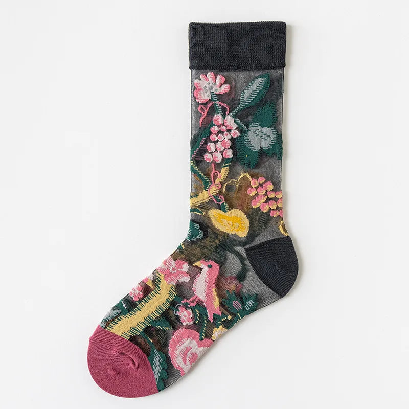 Dark Academia Crystal Glass Silk Mesh Long Socks