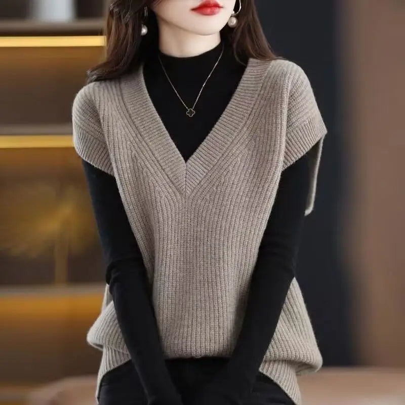 Dark Academia Solid Knitted Vest - V-Neck Loose