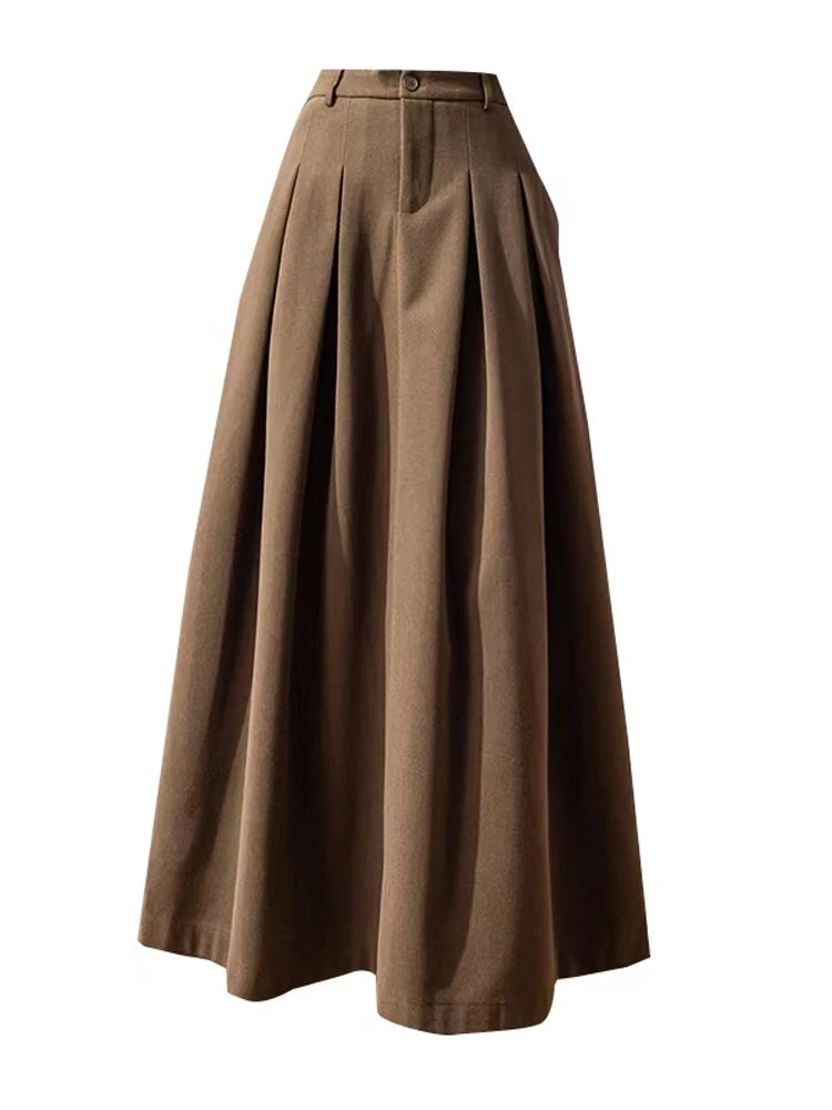 Dark Academia Woolen Midi Skirt - High Waist Office Style