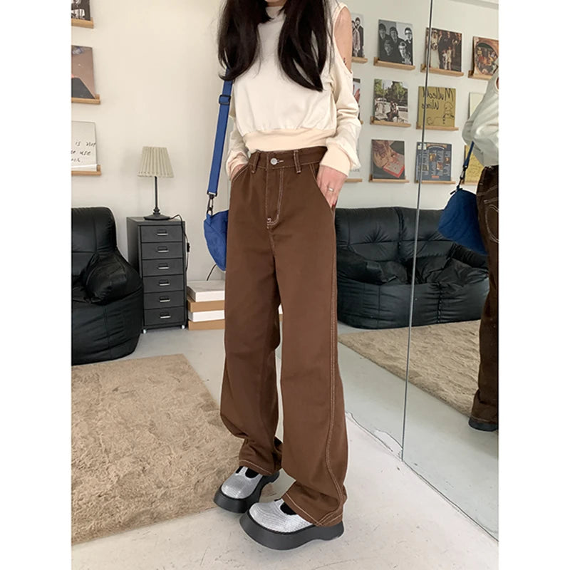 Dark Academia Brown Denim Jeans - High Waist Vintage Style