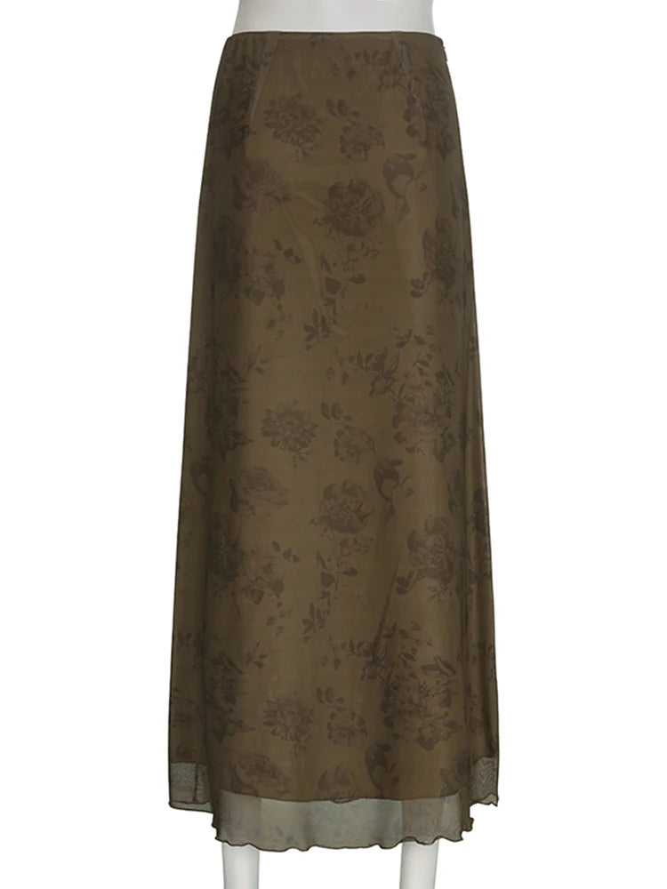 Dark Academia Vintage Floral Long Skirt - Mesh Aesthetic