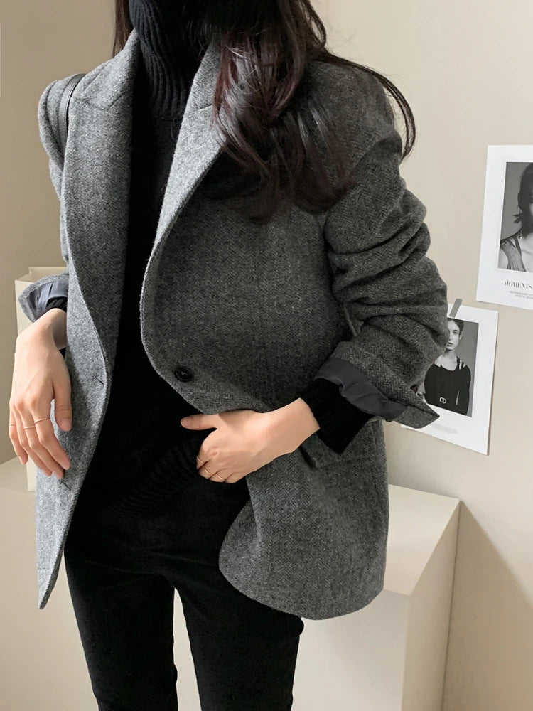 Dark Academia Black Tweed Coat - Woolen Thick