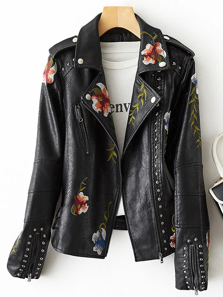 Dark Academia Floral Leather Jacket - Embroidered