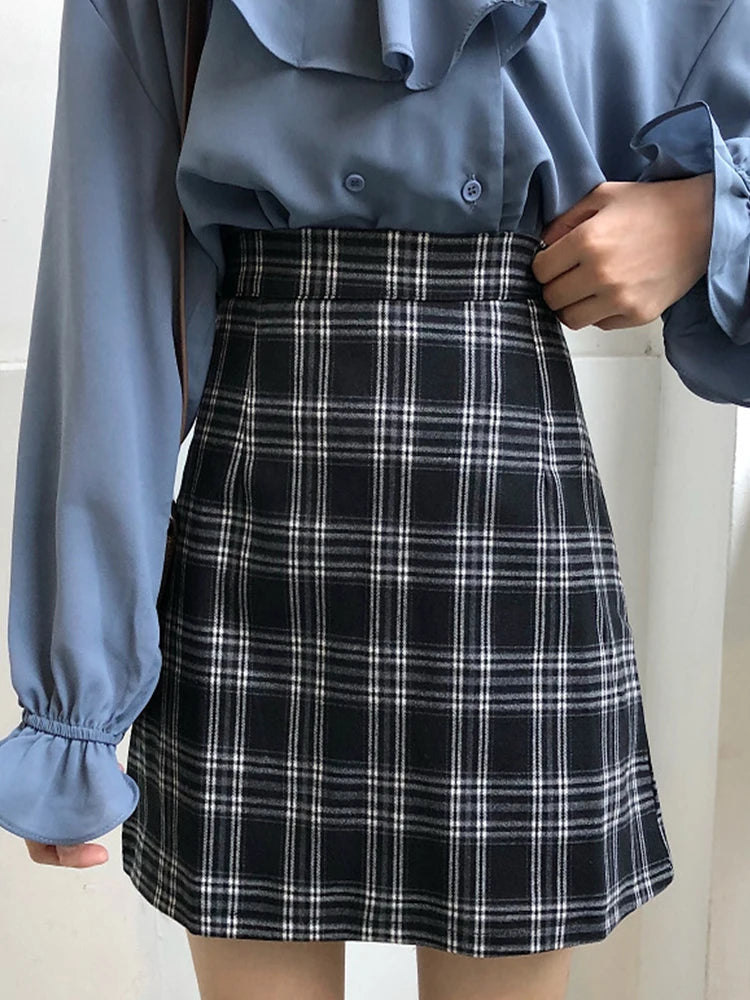 Dark Academia Retro Plaid Mini Skirt - High Waist A-Line