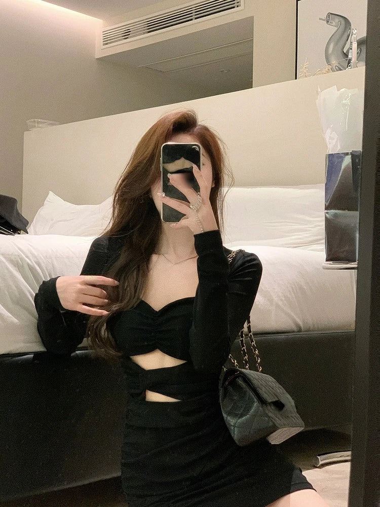 Dark Academia Black Bodycon Dress - Elegant Office Mini