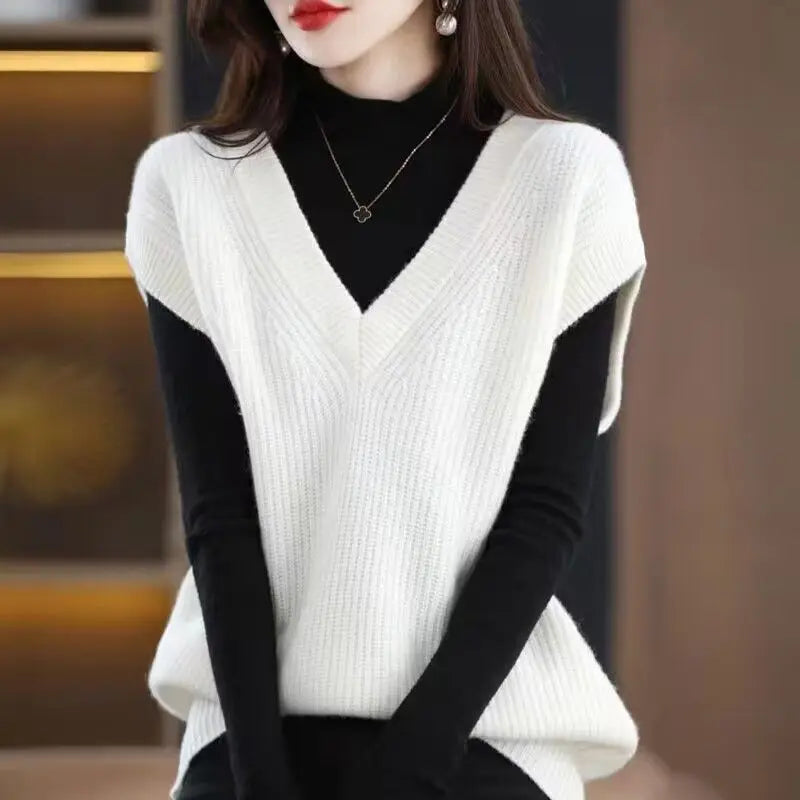 Dark Academia Solid Knitted Vest - V-Neck Loose
