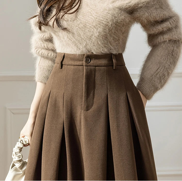 Dark Academia Woolen Midi Skirt - High Waist Office Style