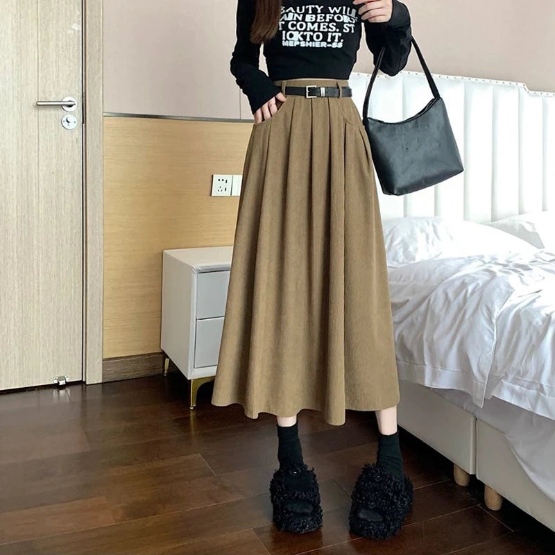 Dark Academia Corduroy Pleated Skirt - High Waist Midi