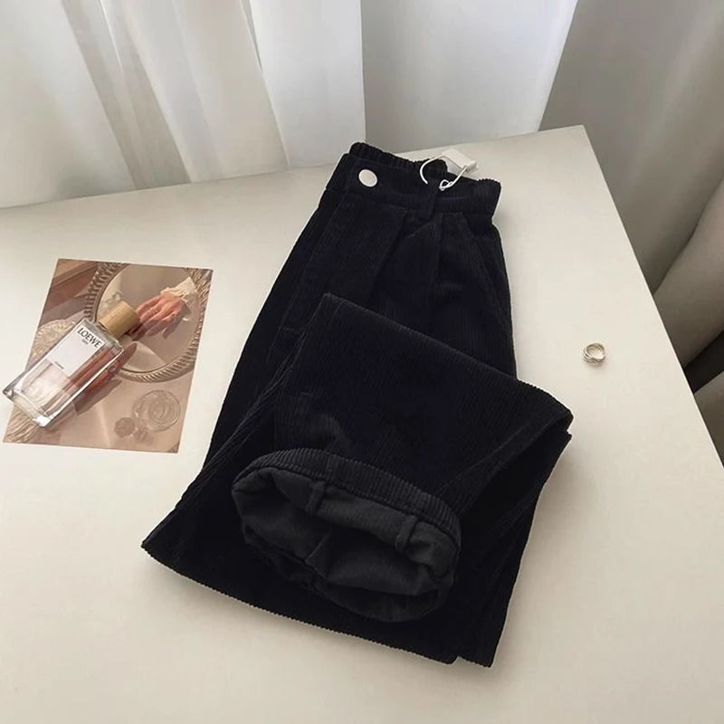 Dark Academia Black Corduroy Pants - High Waist Straight Leg