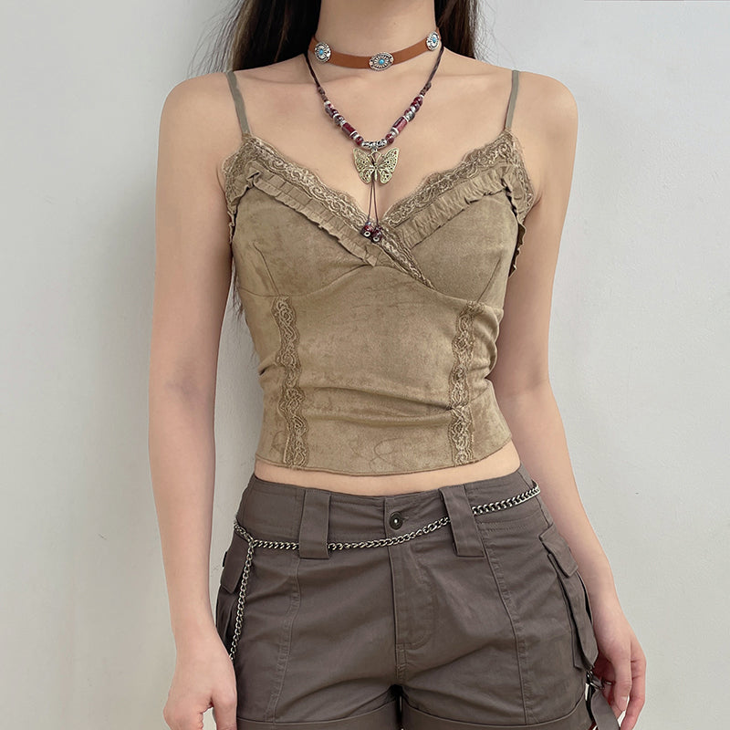 Dark Academia V-Neck Suede Top - Frill Lace Trim