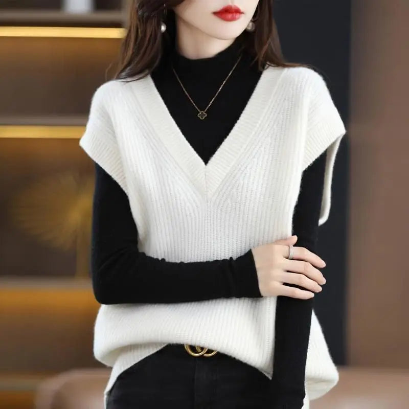 Dark Academia Solid Knitted Vest - V-Neck Loose