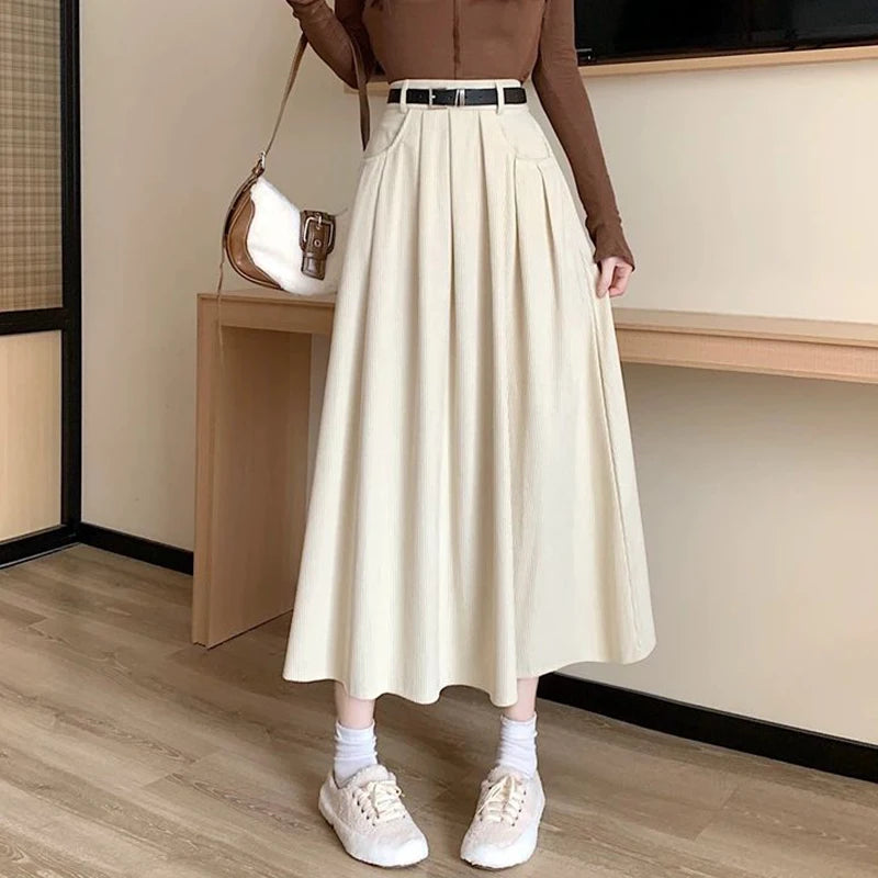 Dark Academia Corduroy Pleated Skirt - High Waist Midi