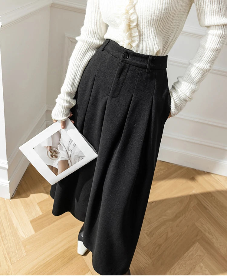 Dark Academia Woolen Midi Skirt - High Waist Office Style