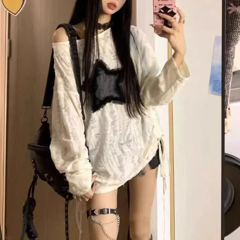 Dark Academia Y2K Star Print Sweater - Off Shoulder