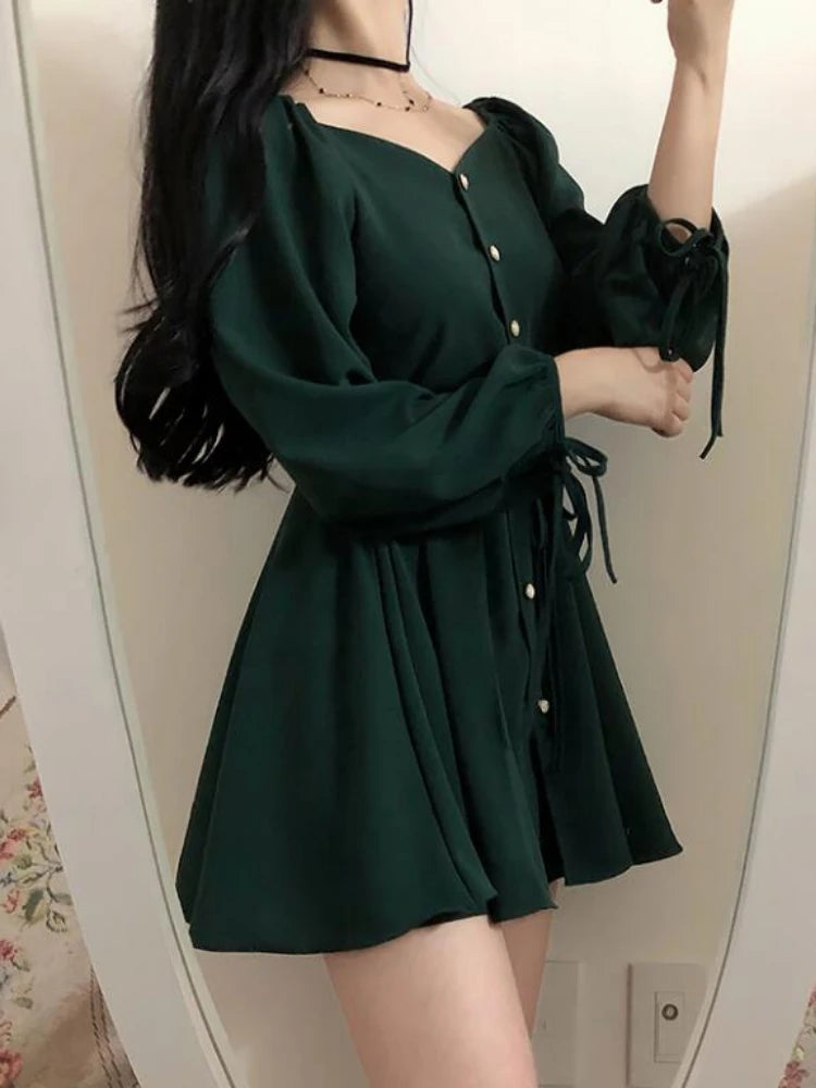 Dark Academia A-Line Mini Dress - Button Vintage