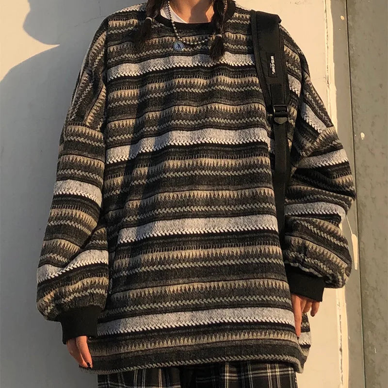 Dark Academia Vintage Striped Sweater - Oversize