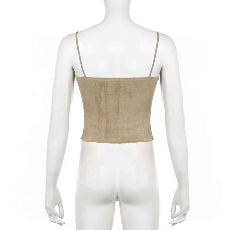 Dark Academia V-Neck Suede Top - Frill Lace Trim