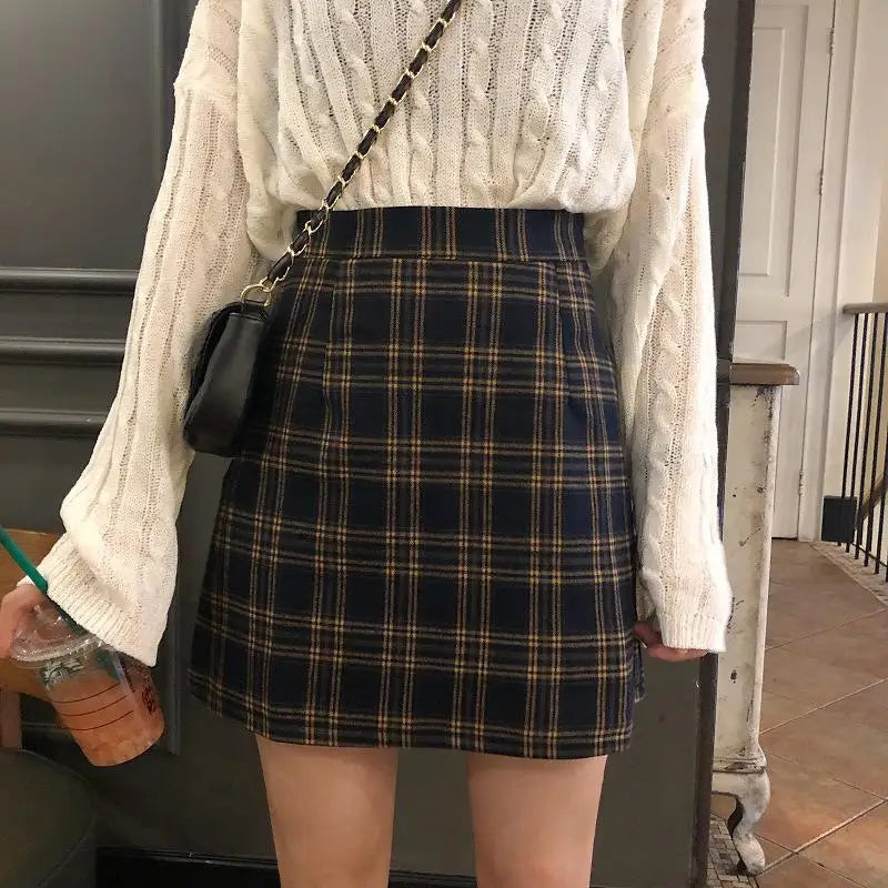 Dark Academia Retro Plaid Mini Skirt - High Waist A-Line