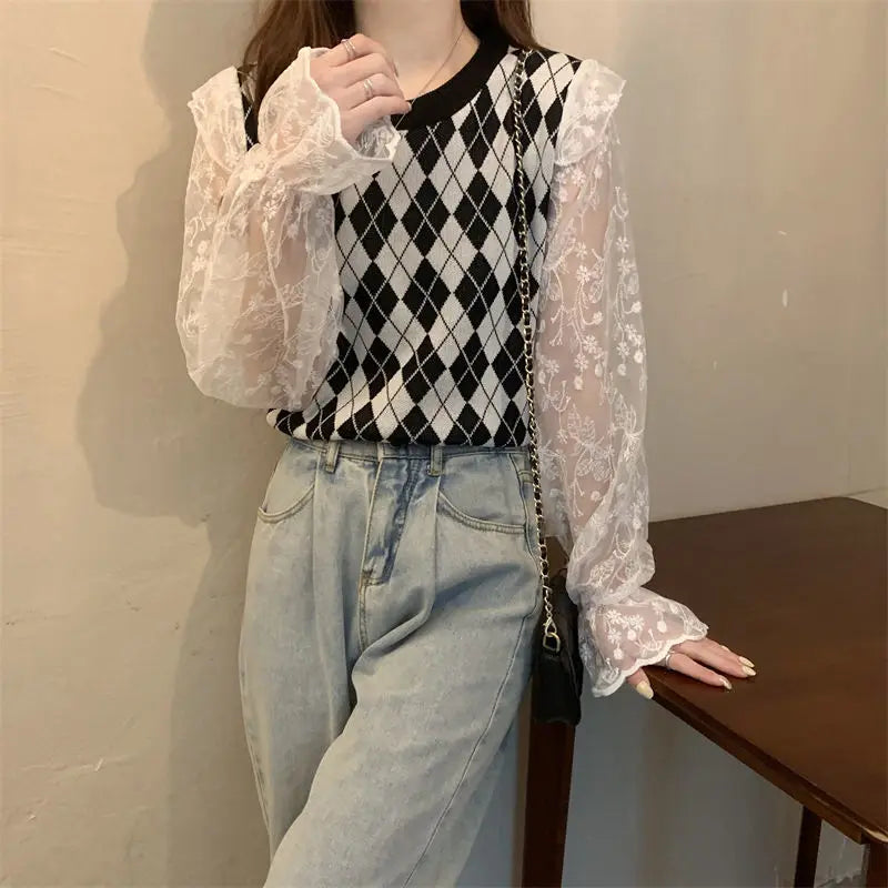 Dark Academia Diamond Grid Vest - Two-Piece Style