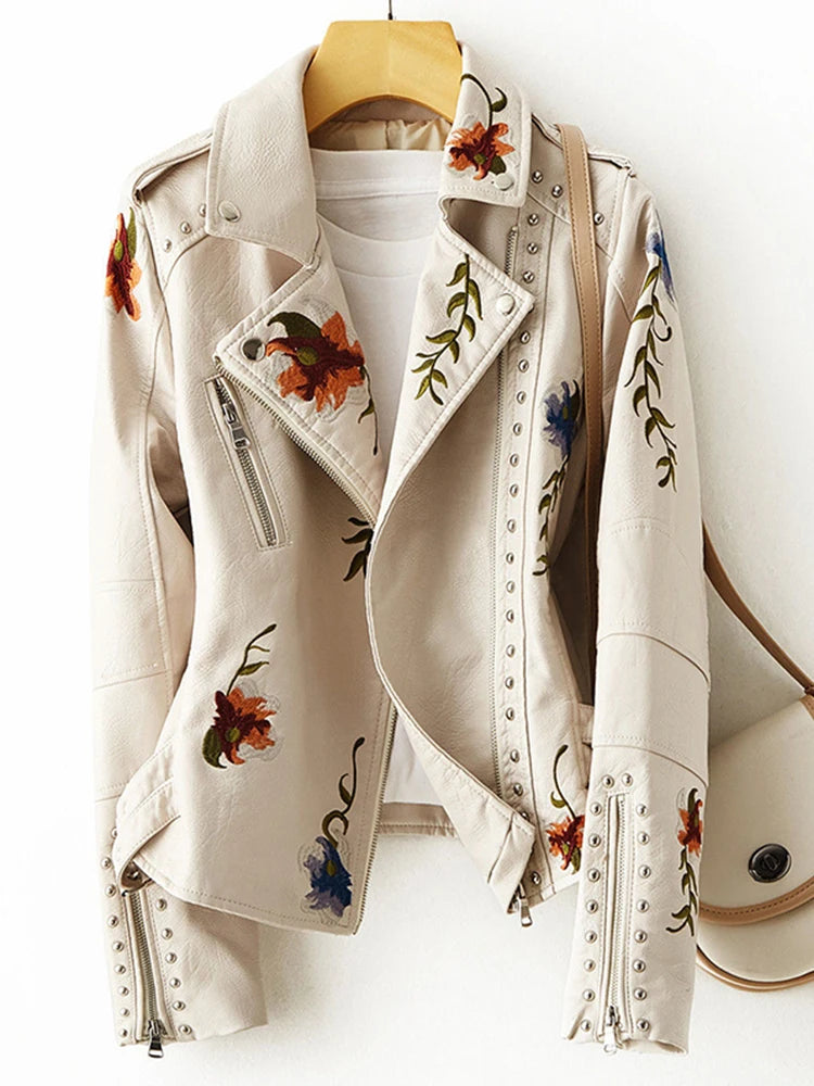 Dark Academia Floral Leather Jacket - Embroidered